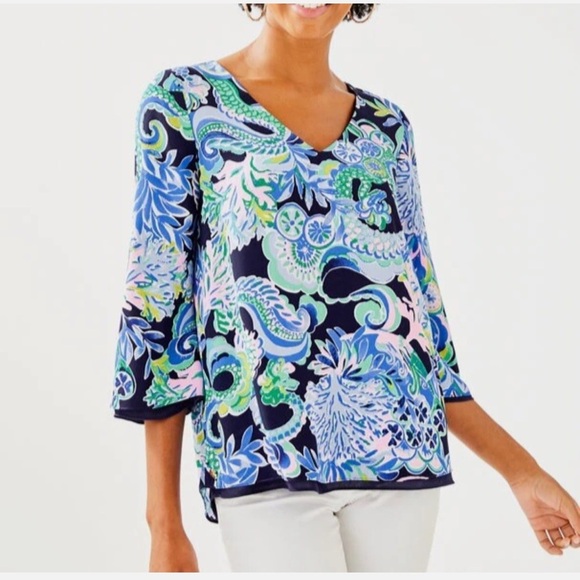 Lilly Pulitzer Tops - Lilly Pulitzer | Florin Vibrant Botanical Print 3/4 Sleeve Reversible Blouse Top